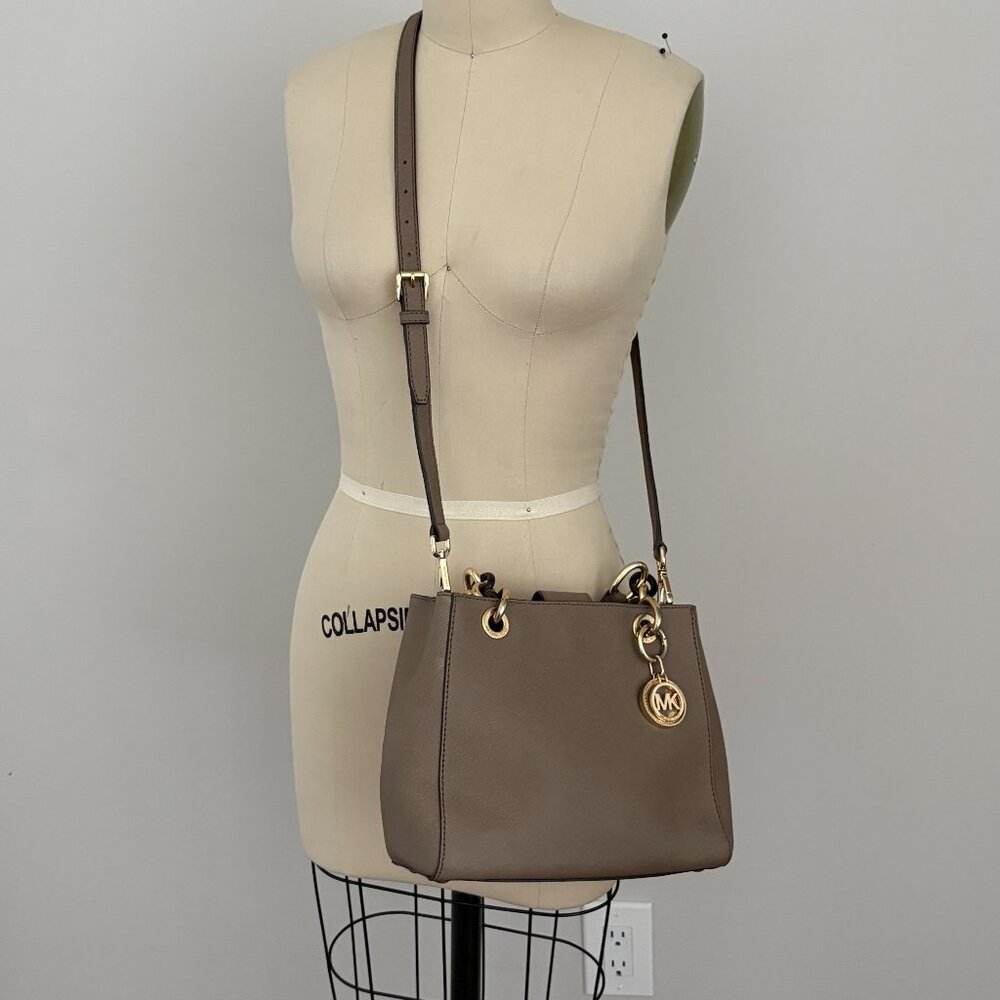 Michael Kors Cynthia Saffiano Leather Satchel Cement Taupe Crossbody MK Charm